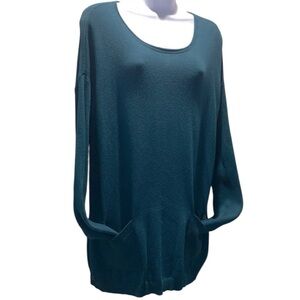 Chicos Teal Long  Sweater W/ Big Pockets, Split Hem & Button Detail